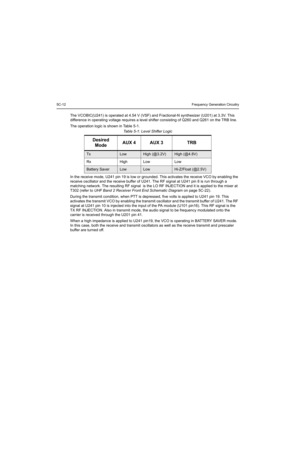 Page 1385C-12Frequency Generation Circuitry
The VCOBIC(U241) is operated at 4.54 V (VSF) and Fractional-N synthesizer (U201) at 3.3V. This 
difference in operating voltage requires a level shifter consisting of Q260 and Q261 on the TRB line. 
The operation logic is shown in Table 5-1.
In the receive mode, U241 pin 19 is low or grounded. This activates the receive VCO by enabling the 
receive oscillator and the receive buffer of U241. The RF signal at U241 pin 8 is run through a 
matching network. The resulting...