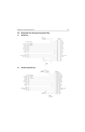 Page 203Schematic for Universal Connector Flex6-5
4.0 Schematic for Universal Connector Flex
4.1 GP328 Plus
4.2 GP338 Plus/GP338 XLS
13 PIN UNIVERSAL CONN
EXT_SPKR+
EXT_SPK-
OPT_B+
EXT_MIC
OPT_SEL_2
OPT_SEL_1
GND
RX_DATA
TX_DATAJ404
J405
J406
J407
J408
J409
J410
J411
J412SPKR_20
SPKR_20
OPT_B+30
RSSI
RX_AUDIO/TX_AUDIO
BOOT_CTRL
NCJ413
J414
J415
J416
1
2
C402
100pF M401GND
INT_SPK+
INT_SPK-
EXT_SPKR+
EXT_SPK-
DPT_B+
EXT_MIC
OPT_SEL_2
OPT_SEL_1
GND
RX_DATA
TX_DATA
GND
RSSI...