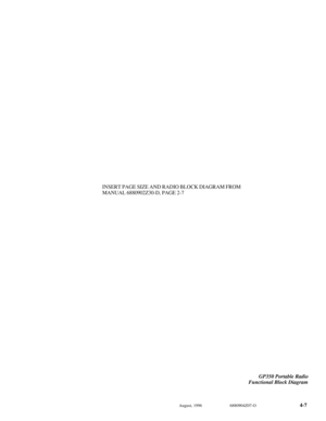 Page 30August, 19966880904Z07-O 4-7INSERT PAGE SIZE AND RADIO BLOCK DIAGRAM FROM
MANUAL 6880902Z30-D, PAGE 2-7GP350 Portable Radio
Functional Block Diagram 