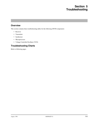 Page 32August, 19966880904Z07-O5-1Section5
Troubleshooting
Overview
This section contains three troubleshooting tables for the following GP350 components:
•Receiver
•Transmitter
•Synthesizer
•Microprocessor
•Voltage Controlled Oscillator (VCO)
Troubleshooting Charts
Refer to following pages. 