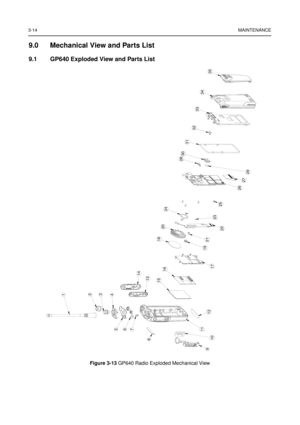 Page 283-14MAINTENANCE
9.0 Mechanical View and Parts List
9.1 GP640 Exploded View and Parts List
Figure 3-13GP640 Radio Exploded Mechanical View
8
9
10
11
12
13
14
15
16
18
19
20
21
22
24
23
25
26
27
28
29
30
31
33
34
35
756
2
3
41
32
17 