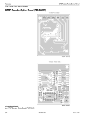 Page 38 
3-6
 
6881086C09-OMarch, 1997
 
AccessoryGP68 Portable Radios Service Manual
DTMF Decoder Option Board (PMLN4063)
 
DTMF Decoder Option Board (PMLN4063)
C701 R706 C706 R703
R705C705
C704
U701VIEWED FROM SIDE 2
R702
J701
C703
CR701
C702
11
18
89
9
16
16
6 7 12
+
R704
U702
Y701
R701
ILLUSTRATORDATEENGINEER DATE
ME
LETTERING SIZE:
REQUIRES:
EDITORDATECHECKER DATE
GP68 DTMF
MAEPF-25975-O
JP
AM/RG1/9/97
TP2TP1TP4TP5
TP6TP3 VIEWED FROM SIDE 1
MAEPF-25974-O
Circuit Board Details
for DTMF Decoder Option Board...