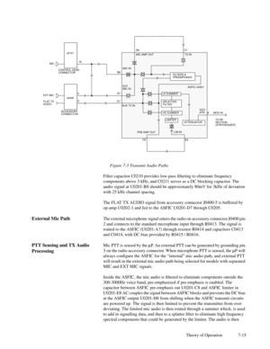 Page 50Theory of Operation 7-15 Figure 7-3 Transmit Audio Paths
Filter capacitor C0210 provides low-pass Þltering to eliminate frequency
components above 3 kHz, and C0211 serves as a DC blocking capacitor. The
audio signal at U0201-B8 should be approximately 80mV for 3kHz of deviation
with 25 kHz channel spacing.
The FLAT TX AUDIO signal from accessory connector J0400-5 is buffered by
op-amp U0202-1 and fed to the ASFIC U0201-D7 through C0205.
External Mic PathThe external microphone signal enters the radio on...