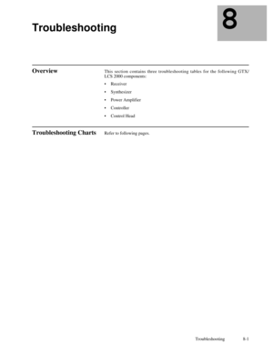 Page 58 
Troubleshooting 8-1 
8
 
Troubleshooting
 
Overview
 
This section contains three troubleshooting tables for the following GTX/
LCS 2000 components:  
•  
Receiver  
•  
Synthesizer  
•  
Power Amplifier  
•  
Controller  
•  
Control Head 
Troubleshooting Charts
 
Refer to following pages. 