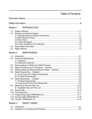 Page 11 
 
 
 
Table of Contents  
Document History ... .............................................................................................. .i 
Safety Information ... ........................................................................................... . iii 
Section 1 INTRODUCTION 
1.0 Scope of Manual ... .................................................................................................. .1-1 
2.0 Warranty and Service Support......