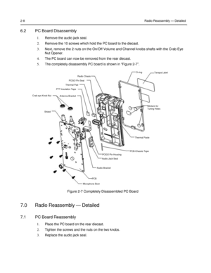 Page 24 
 
 
 
 
2-8 Radio Reassembly — Detailed 
 
6.2 PC Board Disassembly 
1. Remove the audio jack seal. 
2. Remove the 10 screws which hold the PC board to the diecast. 
3. Next, remove the 2 nuts on the On/Off Volume and Channel knobs shafts with the Crab Eye 
Nut Opener. 
4. The PC board can now be removed from the rear diecast. 
5. The completely disassembly PC board is shown in “Figure 2-7”.  
O-ring Tanapa Label 
Radio Chasis  
 POGO Pin Seal  
 Thermal Pad  
PTT Insulation Tape   
Crab-eye Knob Nut...