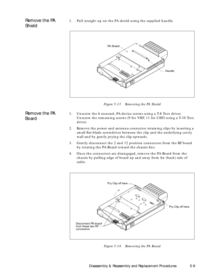 Page 45 
Disassembly & Reassembly and Replacement Procedures 5-9 
Remove the PA 
Shield 
1. Pull straight up on the PA shield using the supplied handle. 
Figure 5-13    Removing the PA Shield 
Remove the PA 
Board 
1. Unscrew the 6 recessed, PA device screws using a T-8 Torx driver. 
Unscrew the remaining screws (9 for VHF, 11 for UHF) using a T-10 Torx 
driver.
2. Remove the power and antenna connector retaining clips by inserting a 
small ßat-blade screwdriver between the clip and the underlying cavity 
wall...