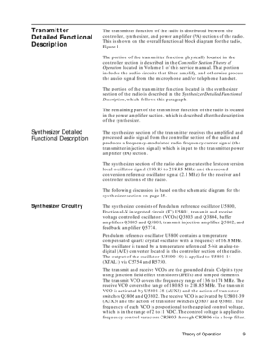 Page 17 
Theory of Operation 9 
Transmitter 
Detailed Functional 
Description 
The transmitter function of the radio is distributed between the 
controller, synthesizer, and power amplifier (PA) sections of the radio. 
This is shown on the overall functional block diagram for the radio, 
Figure 1.
The portion of the transmitter function physically located in the 
controller section is described in the  
Controller Section Theory of 
Operation 
 located in Volume 1 of this service manual. That portion 
includes...