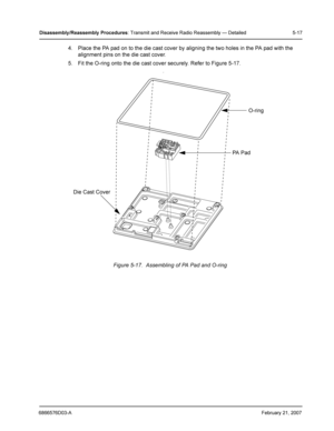 Page 416866576D03-AFebruary 21, 2007
Disassembly /Reassembly  Procedures: Transmit and Receive Radio Reassembly — Detailed 5-17
4. Place the PA pad on to the die cast cover by aligning the two holes in the PA pad with the 
alignment pins on the die cast cover. 
5. Fit the O-ring onto the die cast cover securely. Refer to Figure 5-17.
Figure 5-17.  Assembling of PA Pad and O-ring
PA  P a d
Die Cast Cover
O-ring 