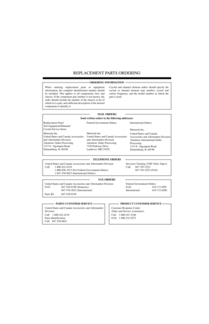 Page 87REPLACEMENT PARTS ORDERING
ORDERING INFORMATION
MAIL ORDERS
Send written orders to the following addresses:
TELEPHONE ORDERS
United States and Canada Accessories and Aftermarket Division: Servicers Training (VHS Video Tapes):
Call: 1-800-422-4210 Call: 847-783-2522
1-800-826-1913 (For Federal Government Orders) 847-783-2523 (FAX)
1-847-538-8023 (International Orders)
FAX ORDERS
United States and Canada Accessories and Aftermarket Division: Federal Government Orders:
FAX: 847-538-8198 (Domestic) FAX:...