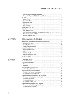 Page 6 MTH500 Portable Radio Basic Service Manual
viHow to Configure the IFR 2968 Setup . . . . . . . . . . . . . . . . . . . . . . . . . . . . . .  9
How to Configure the IFR 2968 Manual Test Screen  . . . . . . . . . . . . . . . . . .11
RF Tests . . . . . . . . . . . . . . . . . . . . . . . . . . . . . . . . . . . . . . . . . . . . . . . . . . . . . . .  12
Receiver Tests . . . . . . . . . . . . . . . . . . . . . . . . . . . . . . . . . . . . . . . . . . . . . . . .  12
Transmitter Tests  . . . . . . . . . ....
