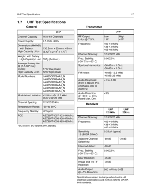 Page 16UHF Test Specifications1-7
1.7 UHF Test Specifications
General
Transmitter
Receiver
Specifications subject to change without notice. All 
electrical specifications and methods refer to EIA/TIA 
603 standards. 
UHF
Channel Capacity:16 or 64 Channels
Power Supply: 7.5 Volts ±20%
Dimensions (HxWxD)
   with Battery:
High Capacity Li-Ion
130.5mm x 62mm x 45mm 
(5.12
 x 2.44 x 1.77)
Weight: with Battery:
High Capacity Li-Ion 397g (14.0 oz.)
Average Battery Life 
@ (5-5-90* Duty
Cycle):
High Capacity Li-Ion 
17...