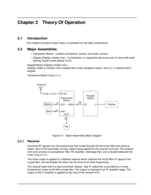 Page 18Chapter 2 Theory Of Operation
2.1 Introduction
This chapter provides a basic theory of operation for the radio components.
2.2 Major Assemblies
 Transceiver Board – contains all transmit, receive, and audio circuitry.
 Display (Display models only) – 8 characters (14 segments star burst) and 10 icons with back-
lighting, liquid-crystal display (LCD).
Keypad Board (Display models only) –
Display model: a 2-button menu keypad with 2-way navigation button, and a 3 x 4 alphanumeric 
keypad.
Transceiver...