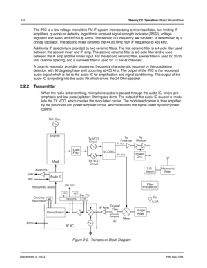 Page 19December 3, 2003HKLN4215A
2-2Theory Of Operation: Major Assemblies
The IFIC is a low-voltage monolithic FM IF system incorporating a mixer/oscillator, two limiting IF 
amplifiers, quadrature detector, logarithmic received signal strength indicator (RSSI), voltage 
regulator and audio, and RSSI Op Amps. The second LO frequency, 44.395 MHz, is determined by a 
crystal oscillator. The second mixer converts the 44.85 MHz high IF frequency to 455 kHz.
Additional IF selectivity is provided by two ceramic...