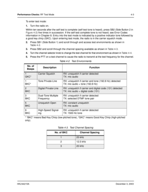 Page 26HKLN4215ADecember 3, 2003
Performance Checks: RF Test Mode4-3
To enter test mode:
1.Turn the radio on.
Within ten seconds after the self test is complete (self test tone is heard), press SB2 (Side Button 2 in 
Figure 4-2) five times in succession. If the self test complete tone is not heard, see Error Codes 
information in Chapter 8. Entry into the test mode is indicated by a positive indicator tone followed by 
a good key chirp (GKC). Upon entering test mode, the radio is in the carrier squelch mode....