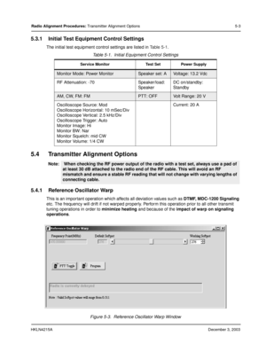 Page 32HKLN4215ADecember 3, 2003
Radio Alignment Procedures: Transmitter Alignment Options 5-3
5.3.1 Initial Test Equipment Control Settings
The initial test equipment control settings are listed in Table 5-1. 
5.4 Transmitter Alignment Options
5.4.1 Reference Oscillator Warp
This is an important operation which affects all deviation values such as DTMF, MDC-1200 Signaling 
etc. The frequency will drift if not warped properly. Perform this operation prior to all other transmit 
tuning operations in order to...