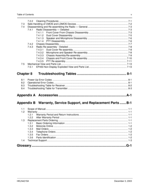 Page 6Table of Contentsv
HKLN4215ADecember 3, 2003
7.2.2 Cleaning Procedures ........................................................................................................7-1
7.3 Safe Handling of CMOS and LDMOS Devices .............................................................................. 7-2
7.4 Disassembling and Re-assembling the Radio — General............................................................. 7-3
7.4.1 Radio Disassembly — Detailed...