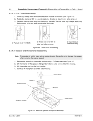 Page 51December 3, 2003HKLN4215A
6-6Display Model Disassembly and Re-assembly: Disassembling and Re-assembling the Radio — General
6.4.1.2  Dust Cover Disassembly
1.Gently pry the top of the dust cover away from the body of the radio. (See Figure 6-6).
2.Rotate the dust cover 90° in a counterclockwise direction to allow the key to be removed.
3.Separate the dust cover away from the body of the radio. The dust cover key is fragile; apply only 
light pressure to the key while removing the dust cover.
Figure 6-6....