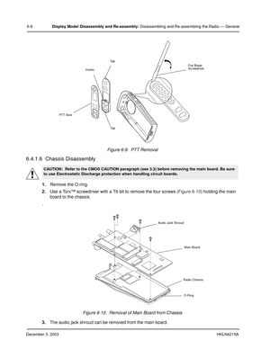 Page 53December 3, 2003HKLN4215A
6-8Display Model Disassembly and Re-assembly: Disassembling and Re-assembling the Radio — General
6.4.1.6  Chassis Disassembly
1.Remove the O-ring.
2.Use a Torx™ screwdriver with a T6 bit to remove the four screws (Figure 6-10) holding the main 
board to the chassis.
.
3.The audio jack shroud can be removed from the main board.Figure 6-9.  PTT Removal
CAUTION:  Refer to the CMOS CAUTION paragraph (see 3.3) before removing the main board. Be sure 
to use Electrostatic Discharge...