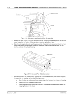 Page 59December 3, 2003HKLN4215A
6-14Display Model Disassembly and Re-assembly: Disassembling and Re-assembling the Radio — General
2.Position the radio (Figure 6-19), and reconnect the flex connector from the keyboard into the con-
nector located on the bottom of the main board, pushing up the 2 end tabs.
3.Slide the volume potentiometer and frequency switch shafts into their respective holes in the front 
cover. Look through the accessory connector opening to make certain that the wires are not 
pinched,...