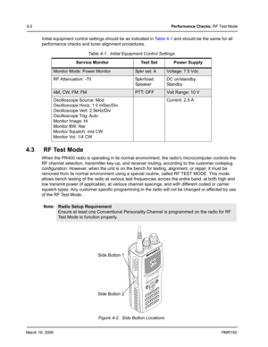 Page 126March 19, 2009 PMR150
4-2Performance Checks: RF Test Mode
Initial equipment control settings should be as indicated in Table 4-1 and should be the same for all 
performance checks and tuner alignment procedures.
4.3 RF Test Mode
When the PR400 radio is operating in its normal environment, the radios microcomputer controls the 
RF channel selection, transmitter key-up, and receiver muting, according to the customer codeplug 
configuration. However, when the unit is on the bench for testing, alignment, or...