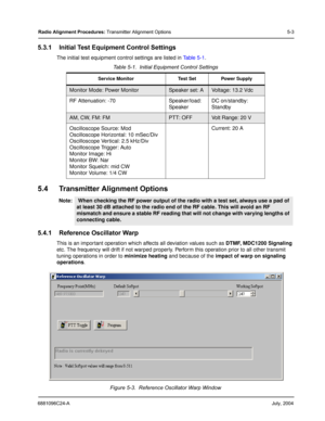 Page 376881096C24-AJuly, 2004
Radio Alignment Procedures: Transmitter Alignment Options 5-3
5.3.1 Initial Test Equipment Control Settings
The initial test equipment control settings are listed in Table 5-1. 
5.4 Transmitter Alignment Options
5.4.1 Reference Oscillator Warp
This is an important operation which affects all deviation values such as DTMF, MDC1200 Signaling 
etc. The frequency will drift if not warped properly. Perform this operation prior to all other transmit 
tuning operations in order to...