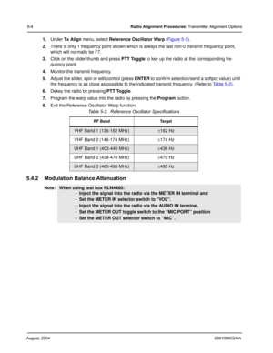 Page 38August, 20046881096C24-A
5-4Radio Alignment Procedures: Transmitter Alignment Options
1.Under Tx Align menu, select Reference Oscillator Warp (Figure 5-3).
2.There is only 1 frequency point shown which is always the last non-0 transmit frequency point, 
which will normally be F7. 
3.Click on the slider thumb and press PTT Toggle to key up the radio at the corresponding fre-
quency point. 
4.Monitor the transmit frequency. 
5.Adjust the slider, spin or edit control (press ENTER to confirm selection/send a...