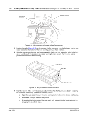 Page 64July, 20046881096C24-A
6-14Full Keypad Model Disassembly and Re-assembly: Disassembling and Re-assembling the Radio — General
2.Position the radio (Figure 6-19), and reconnect the flex connector from the keyboard into the con-
nector located on the bottom of the main board, pushing up the 2 end tabs.
3.Slide the volume potentiometer and frequency switch shafts into their respective holes in the front 
cover. Look through the accessory connector opening to make certain that the wires are not 
pinched,...