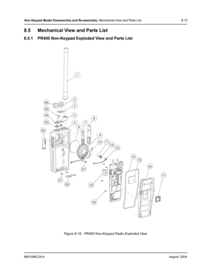 Page 996881096C24-AAugust, 2004
Non-Keypad Model Disassembly and Re-assembly: Mechanical View and Parts List 8-13
8.5 Mechanical View and Parts List
8.5.1 PR400 Non-Keypad Exploded View and Parts List
Figure 8-16.  PR400 Non-Keypad Radio Exploded View
1
22 23
26
2
3
4
5
6
7 8
9
10 11
12 13
1415
16
17
18
19
20
24
25
21
27 