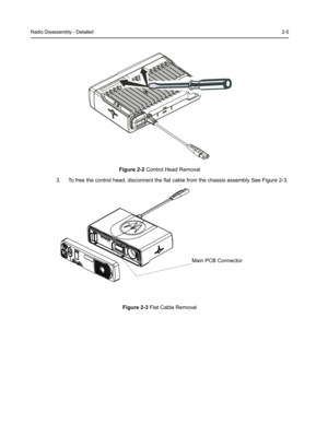 Page 19Radio Disassembly - Detailed2-5
Figure 2-2 Control Head Removal
3. To free the control head, disconnect the flat cable from the chassis assembly See Figure 2-3.
Figure 2-3 Flat Cable Removal
Main PCB Connector 