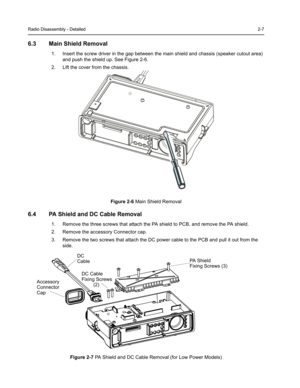 Page 21Radio Disassembly - Detailed2-7
6.3 Main Shield Removal
1. Insert the screw driver in the gap between the main shield and chassis (speaker cutout area) 
and push the shield up. See Figure 2-6.
2. Lift the cover from the chassis.
Figure 2-6 Main Shield Removal
6.4 PA Shield and DC Cable Removal
1. Remove the three screws that attach the PA shield to PCB, and remove the PA shield.
2. Remove the accessory Connector cap.
3. Remove the two screws that attach the DC power cable to the PCB and pull it out from...