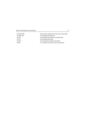 Page 23Notes For All Schematics and Circuit Boards2-7
VS AUDIO_SEL Switch signal to Enable option board audio output signal
VS GAIN_SEL Voice Storage Gain Select line
VS_MIC Voice Storage Audio Signal to microphone path
VS_INT Voice Storage Interrupt line
VS_RAC Voice storage Row Address Clock Signal
VSTBY 3.3 V supply for µP when the radio is switched off 