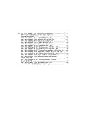 Page 255v
3.0 UHF 25-40 W Band 3 PCB 8486577Z03 / Schematics ..................................... 4-31
UHF3 Interconnection  between Main Board and Power 
Amplifier Compartment  ..................................................................................... 4-31
UHF3 (465-495 MHz)  25-40 W 8486577Z03, Top  Side  ................................. 4-32
UHF3 (465-495 MHz)  25-40 W 8486577Z03, Bottom Side  ............................. 4-33
UHF3 (465-495 MHz)  25-40 W Main Circuit (Sht 1 of 2)...