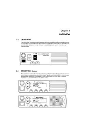 Page 31Chapter 1
OVERVIEW
1.0 CM200 Model
The control head contains the internal speaker, the on/off/volume knob, the microphone connector, 
several buttons to operate the radio, three indicator Light Emitting Diodes (LED) to inform the user 
about the radio status, and a single character 7-segment display for numeric information e.g. 
channel number.
2.0 CM300/PM400 Models 
The control head contains the internal speaker, the on/off/volume knob, the microphone connector, 
several buttons to operate the radio,...