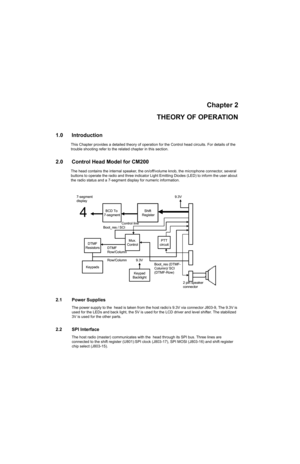 Page 33Chapter 2
THEORY OF OPERATION
1.0 Introduction
This Chapter provides a detailed theory of operation for the Control head circuits. For details of the 
trouble shooting refer to the related chapter in this section.
2.0 Control Head Model for CM200
The head contains the internal speaker, the on/off/volume knob, the microphone connector, several 
buttons to operate the radio and three indicator Light Emitting Diodes (LED) to inform the user about 
the radio status and a 7-segment display for numeric...