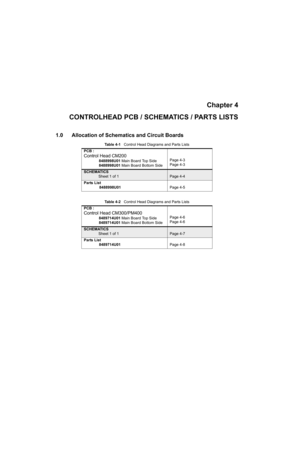 Page 45Chapter 4
CONTROLHEAD PCB / SCHEMATICS / PARTS LISTS
1.0 Allocation of Schematics and Circuit Boards
Table 4-1   Control Head Diagrams and Parts Lists
PCB :
Control Head CM200
8488998U01 Main Board Top Side
8488998U01 Main Board Bottom SidePage 4-3
Page 4-3
SCHEMATICS
Sheet 1 of 1
Page 4-4
Parts List
8488998U01Page 4-5
Table 4-2   Control Head Diagrams and Parts Lists
PCB :
Control Head CM300/PM400
8489714U01 Main Board Top Side
8489714U01 Main Board Bottom SidePage 4-6
Page 4-6
SCHEMATICS
Sheet 1 of 1...