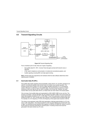 Page 79Transmit Signalling Circuits2-17
8.0 Transmit Signalling Circuits
Figure 2-8 Transmit Signalling Path
From a hardware point of view, there are 3 types of signaling:
• Sub-audible data (PL / DPL / Connect Tone) that gets summed with transmit voice or 
signaling,
• DTMF data for telephone communication in trunked and conventional systems, and
• Audible signaling including MDC and high-speed trunking.
Note: All three types are supported by the hardware while the radio software determines which 
signaling...