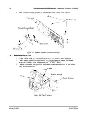 Page 30February 21, 20076866576D03-A
5-6Disassembly /Reassembly  Procedures: Disassembly Procedures — Detailed
7. Store Repeater Indicator Board in an anti-static bag when it is not being serviced.
Figure 5-3.  Repeater Indicator Board Disassembly
5.6.3 Disassembly of Fan
1. Unplug the fan cable from the mating connector on the connector board assembly.
2. Detach the fan assembly by removing the four screws that secure the fan grill and fan 
assembly to the back of the enclosure using a T15 TORX™ driver.
3....