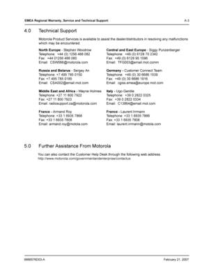 Page 576866576D03-AFebruary 21, 2007
EMEA Regional Warranty , Service and Technical Support: A-3
4.0 Technical Support
Motorola Product Services is available to assist the dealer/distributors in resolving any malfunctions 
which may be encountered.
North Europe - Stephen WoodrowCentral and East Europe - Siggy Punzenberger
Telephone:  +44 (0) 1256 488 082 Telephone:  +49 (0) 6128 70 2342
Fax:  +44 01256 488 080 Fax:  +49 (0) 6128 95 1096
Email:  CSW066@motorola.com Email:  TFG003@email.mot.comm
Russia and...