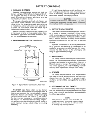 Page 223
BATTERY CHARGING
1. AVAILABLE CHARGERS
Available chargers include a single-unit desk top
charger, a single-unit Porta-Pocket charger, and multi-
unit chargers that may be mounted on a wall or a
bench. The multi-unit chargers will charge up to six
nickel-cadmium batteries at once.
The single-unit desktop and multi-unit chargers are
rapid-charge models, while the porta-pocket is a slow-
charge model. The slow-charge model will charge any
of the batteries, with or without the radio attached, in
16 hours....