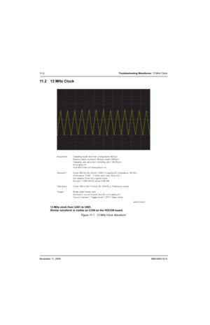 Page 160November 11, 20046881094C12-A
11-2Troubleshooting Waveforms: 13 MHz Clock
11 . 2 1 3 M H z  C l o c k
13 MHz clock from U301 to U501.
Similar waveform is visible on C339 on the VOCON board.
Figure 11-1.  13 MHz Clock Waveform
MAEPF-27490-O 