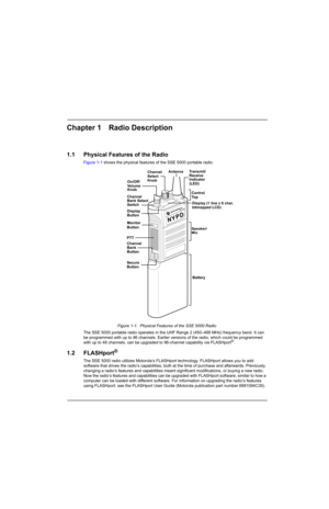 Page 17Chapter 1 Radio Description
1.1 Physical Features of the Radio
Figure 1-1 shows the physical features of the SSE 5000 portable radio. 
Figure 1-1.  Physical Features of the SSE 5000 Radio
The SSE 5000 portable radio operates in the UHF Range 2 (450–488 MHz) frequency band. It can 
be programmed with up to 96 channels. Earlier versions of the radio, which could be programmed 
with up to 48 channels, can be upgraded to 96-channel capability via FLASHport
®.
1.2 FLASHport®
The SSE 5000 radio utilizes...