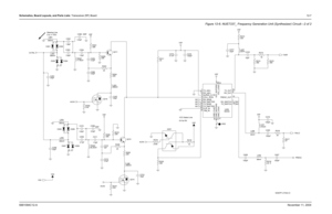 Page 173Schematics, Board Layouts, and Parts Lists: Transceiver (RF) Board12-76881094C12-ANovember 11, 2004
Figure 12-6. NUE7337_ Frequency Generation Unit (Synthesizer) Circuit—2 of 2
Steering Line
2 to 11 VDC
0V for RX VCO Select Line DNP
DNP TR201
17.76nH
U502 1 33pF C301
33K R218 R209
33K
R310
51K 220 R304 22 R303220 R312
C318
10pF
C320
120pF C307
120pFC319
1.5pF33pF 1.8pFC302
C311
R319VSF
R3201K R318
10K 270KQ301 C399
0.5pF
C398
0.5pF
C927
120pF
R219
33 0 68nHL309 C305
2.2pF
C926 3pF C312NC
NC
120pF NC NC...