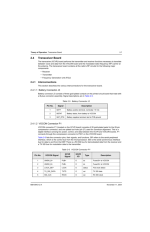 Page 296881094C12-ANovember 11, 2004
Theory of Operation: Transceiver Board2-7
2.4 Transceiver Board
The transceiver (XCVR) board performs the transmitter and receiver functions necessary to translate 
between voice and data from the VOCON board and the modulated radio-frequency (RF) carrier at 
the antenna. The transceiver board contains all the radio’s RF circuits for the following major 
components:
• Receiver
• Transmitter
• Frequency Generation Unit (FGU)
2.4.1 Interconnections
This section describes the...