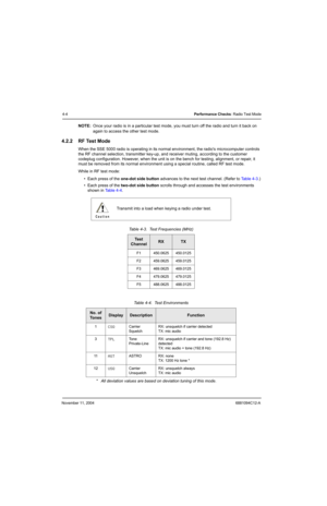 Page 66November 11, 20046881094C12-A
4-4Performance Checks: Radio Test Mode
NOTE:Once your radio is in a particular test mode, you must turn off the radio and turn it back on 
again to access the other test mode.
4.2.2 RF Test Mode
When the SSE 5000 radio is operating in its normal environment, the radios microcomputer controls 
the RF channel selection, transmitter key-up, and receiver muting, according to the customer 
codeplug configuration. However, when the unit is on the bench for testing, alignment, or...