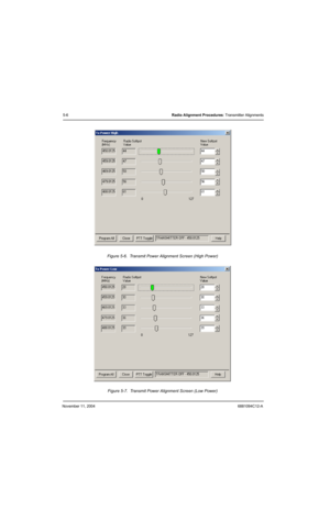 Page 76November 11, 20046881094C12-A
5-6Radio Alignment Procedures: Transmitter Alignments
Figure 5-6.  Transmit Power Alignment Screen (High Power)
Figure 5-7.  Transmit Power Alignment Screen (Low Power) 