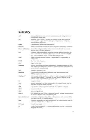 Page 21xv
Glossary
A/DAnalog to Digital converter; converts an instantaneous dc voltage level to a
corresponding digital value.
ALCAutomatic Level Control; a circuit in the transmit RF path that controls RF
power amplifier output, provides leveling over frequency and voltage, and
protects against high VSWR.
CMOSComplementary metal-oxide semiconductor.
ChannelDefines conventional transmit and receive frequencies and muting conditions.
Closed ArchitectureA controller configuration that utilizes a microcontroller...