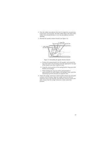 Page 5937 2. Press the rubber microphone boot into its respective recessed area 
in the front cover housing. The little rubber flap in the back of the 
rubber boot should fold up to cover the microphone insertion 
opening.
3. Reinstall the speaker retainer bracket (see Figure 13).
a. Position the spring bracket over the speaker, and toward the 
top of the front cover housing; insert the appropriate two legs 
of the bracket into their respective slots. 
b. Grasp the center portion of the spring bracket (ring...