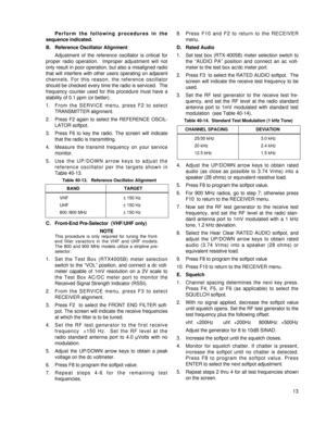Page 2213
Perform the following procedures in the
sequence indicated.
B. Reference Oscillator Alignment
Adjustment of the reference oscillator is critical for
proper radio operation.  Improper adjustment will not
only result in poor operation, but also a misaligned radio
that will interfere with other users operating on adjacent
channels. For this reason, the reference oscillator
should be checked every time the radio is serviced.  The
frequency counter used for this procedure must have a
stability of 0.1 ppm...