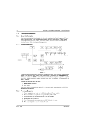 Page 54March, 20066881096C38
7-4VHF (136-174 MHz) Band Information: Theory of Operation
7.3 Theory of Operation
7.3.1 General Information
Your radio has two printed circuit boards: the Controller board, and the Radio Frequency (RF) and 
Audio Frequency board. The Controller board contains the CPU/Control section. The RF board 
contains the VCO/Synthesizer section, Transmitter section, Receiver section, Transmitter Audio 
circuitry, Receiver Audio circuitry, and Battery section.
7.3.2 Power Distribution
Figure...